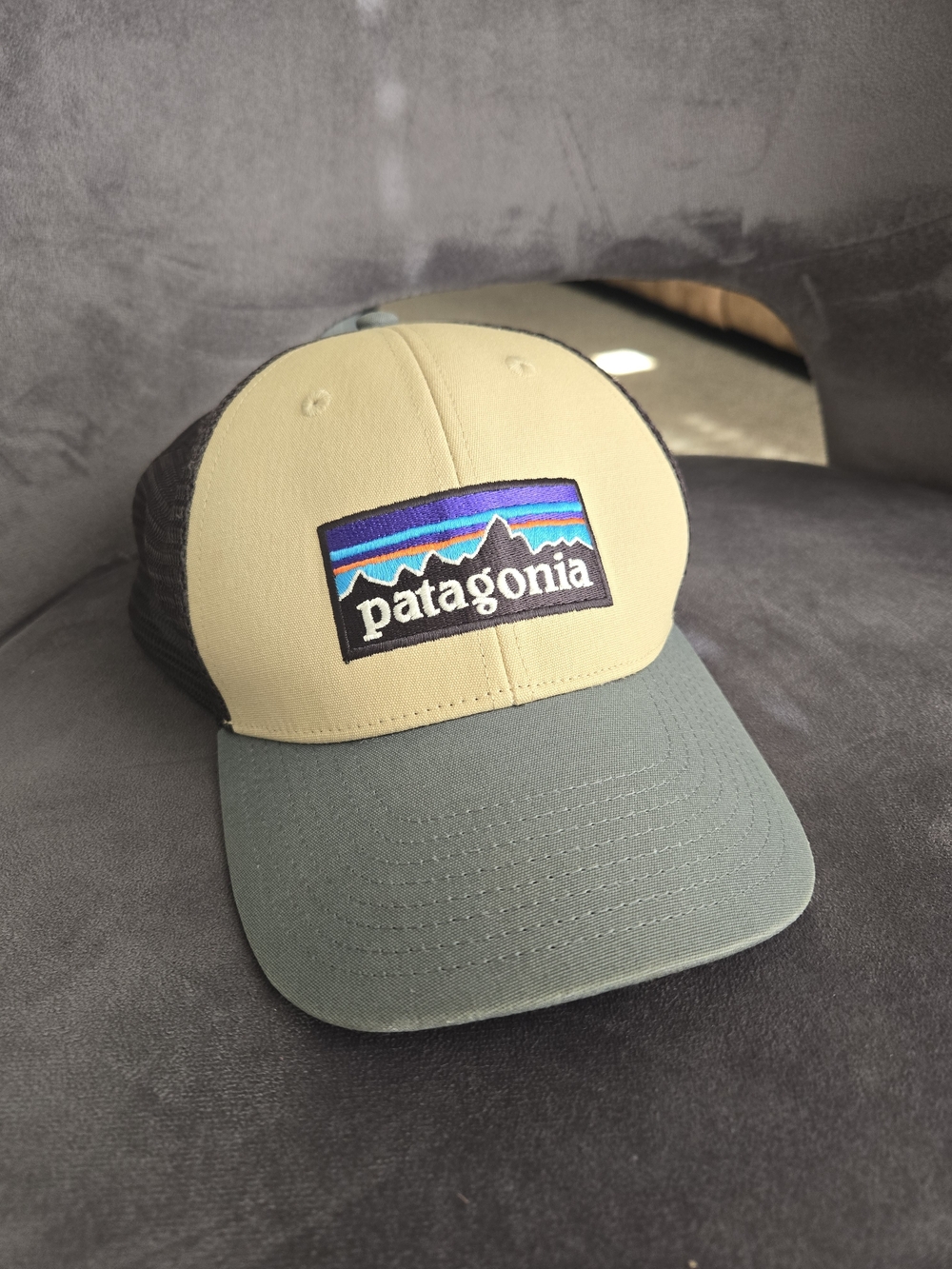 Patagonia Tan Crown with Green Bill and Black Mesh Trucker Hat